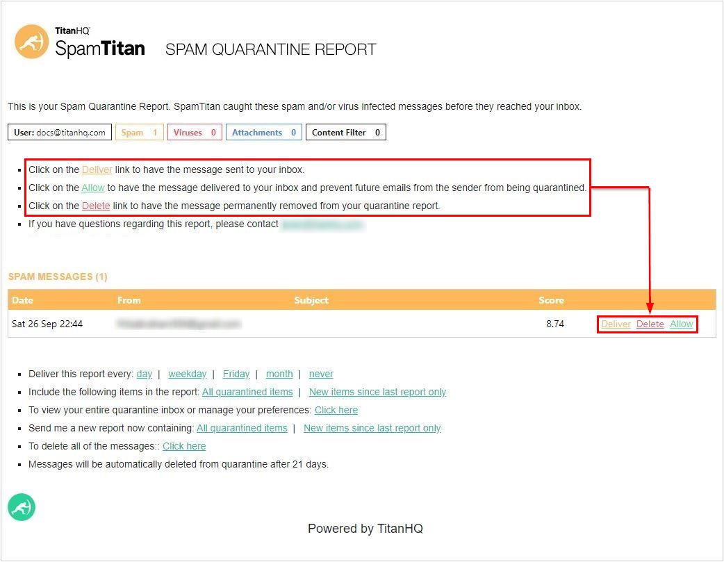 SpamTitan Quarantine Report