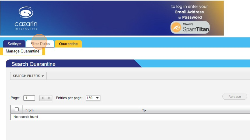 Screenshot of: You may create or adjust "Filter Rules" on this tab and area. Note: These rules are specific to you and do not affect other users on your domain. Detailed help is again available with the ( ? ) icons at the far right.